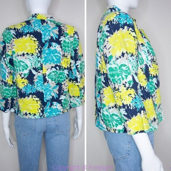 Kim‎ Rogers linen hawaii floral print blazer jacket, women's size Petite Small - Picture 3 of 16